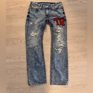True Religion Ricky Straight Jeans Men's Tag 33 (34x32) Varsity Patch Distressed